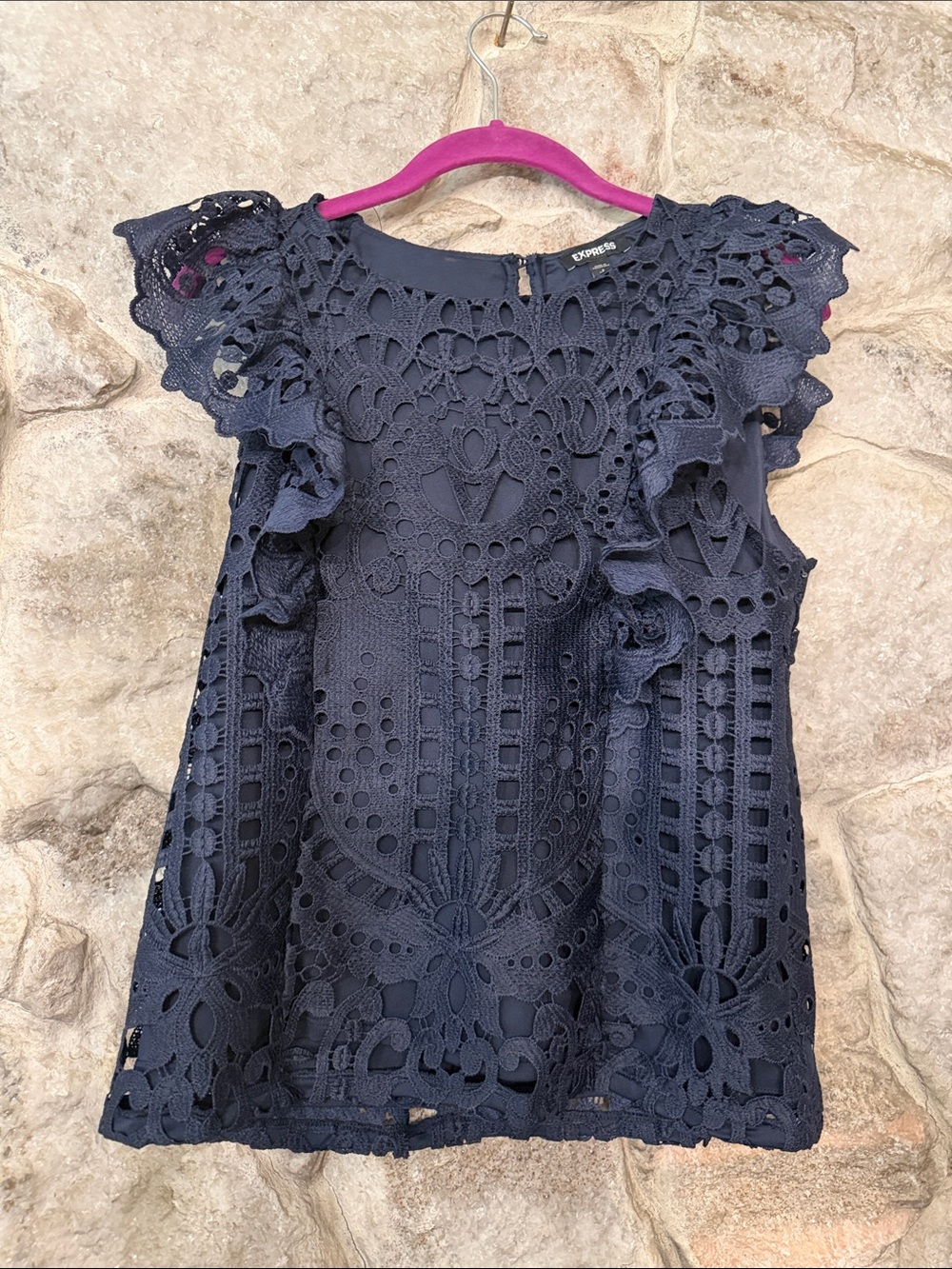 Express Navy Crochet Lace Flutter-Sleeve Top